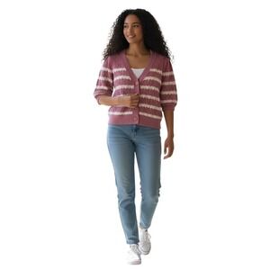 Ellen Tracy Womens Orchid Rose Striped Pointelle Cardigan ETKF5025 Pink Large